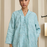 Amelie Ramie Long Kebaya Top in Dusty Blue