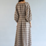 Solstice Linen Dress in Brown Gingham